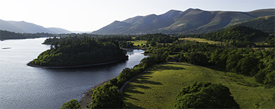 Derwentwater by evening light with detail captured by drone from aerial viewpoint